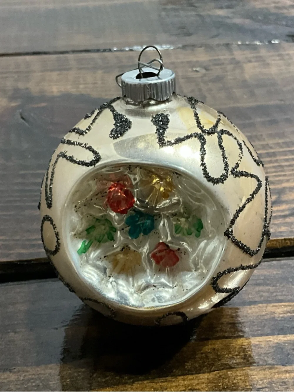 Vintage Large Shiny Brite Indented Glass Ornament Germany Black Mica Pattern MCM